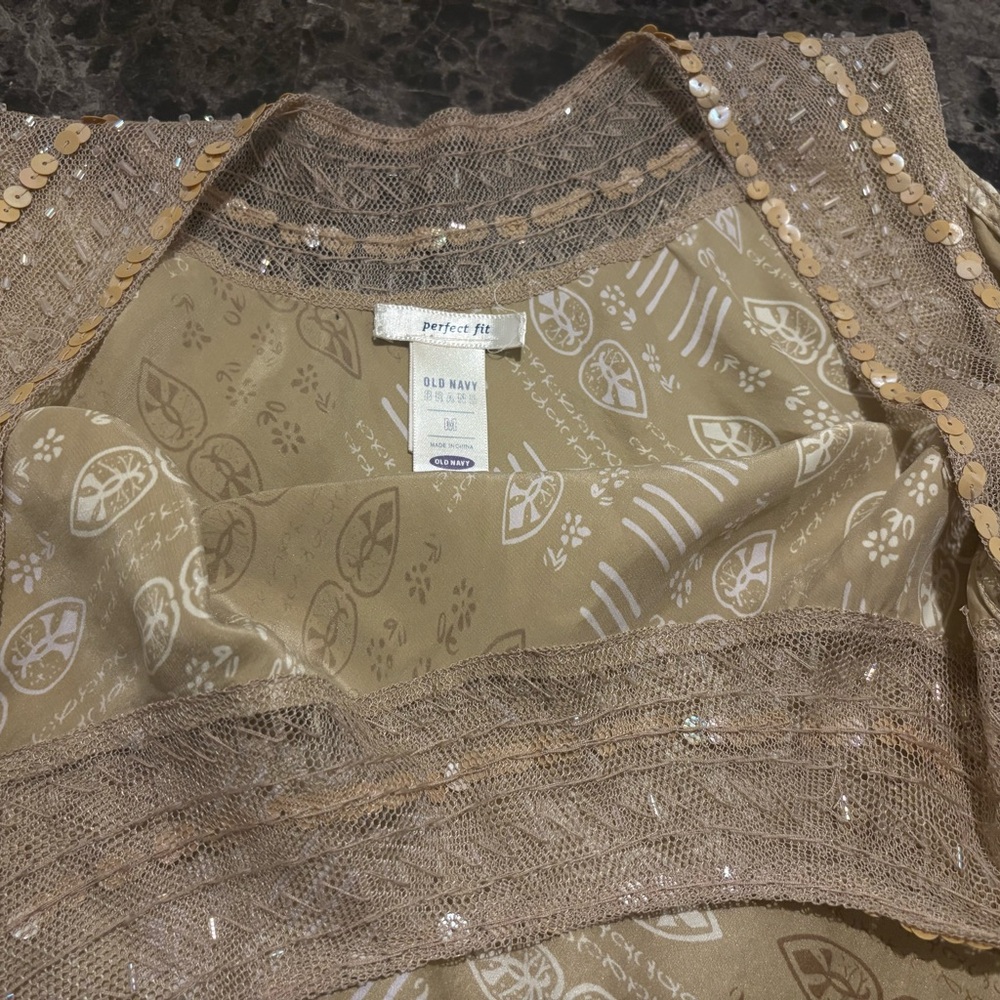 Vintage Old Navy 100% Silk Top M Beaded Y2K Neutral Softcore Blouse - Picture 5 of 6